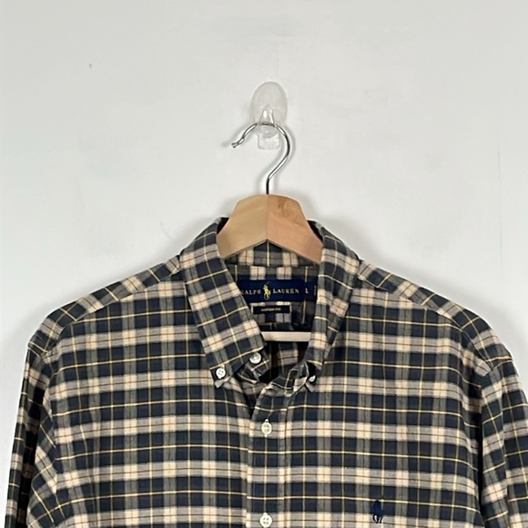 Ralph Lauren Men L Long Sleeve Button Down Plaid Blue Custom Fit Cotton Shirt - Picture 3 of 9